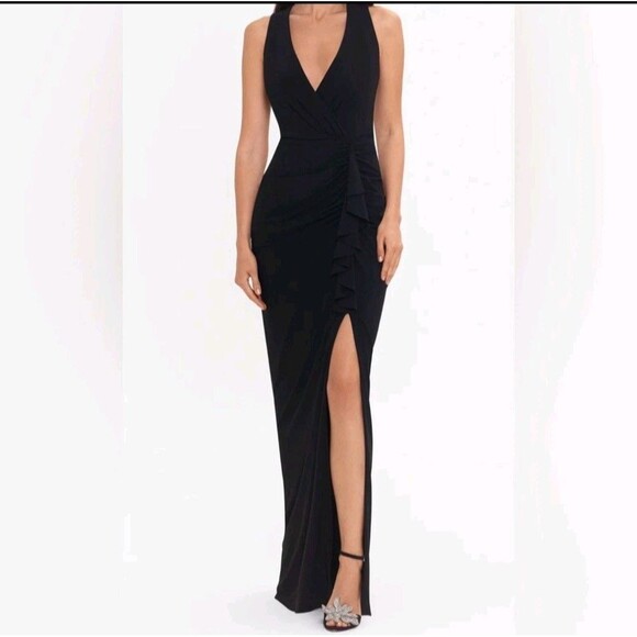 NWT*BETSY & ADAM WRAP GOWN DRESS-RUCHING-FRONT SLIT RUFFLE-V-NECK-BLACK-SZ 10 - Picture 1 of 13